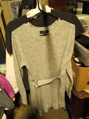 Cozy Gray Crewneck Belted Knit Sweater